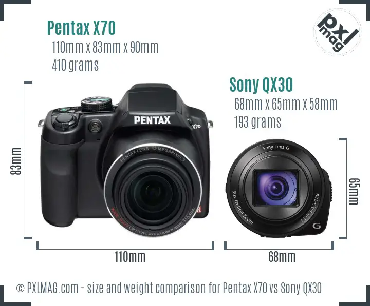 Pentax X70 vs Sony QX30 size comparison