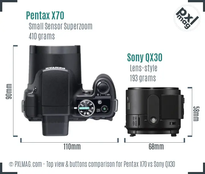 Pentax X70 vs Sony QX30 top view buttons comparison