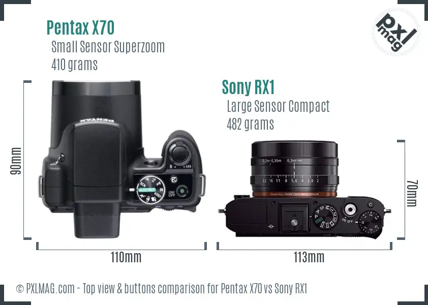 Pentax X70 vs Sony RX1 top view buttons comparison