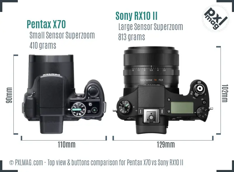 Pentax X70 vs Sony RX10 II top view buttons comparison