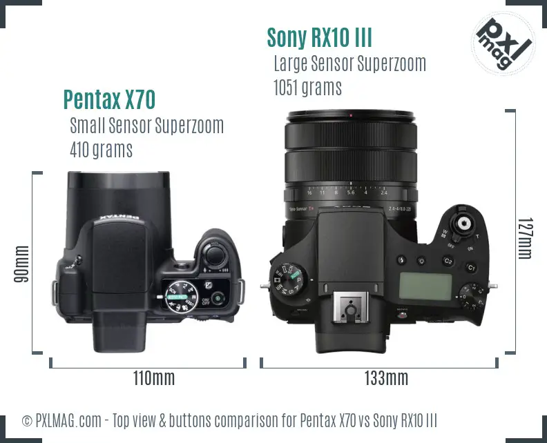 Pentax X70 vs Sony RX10 III top view buttons comparison