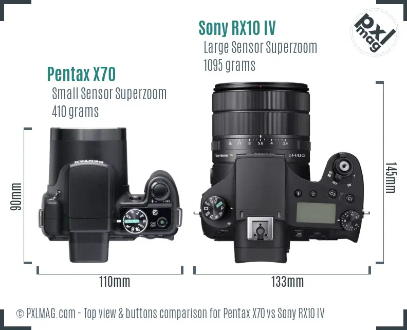 Pentax X70 vs Sony RX10 IV top view buttons comparison