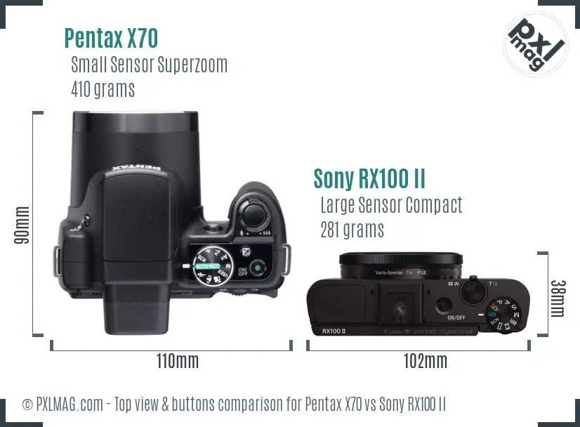 Pentax X70 vs Sony RX100 II top view buttons comparison Pentax X70 vs Sony RX100 II top view buttons comparison