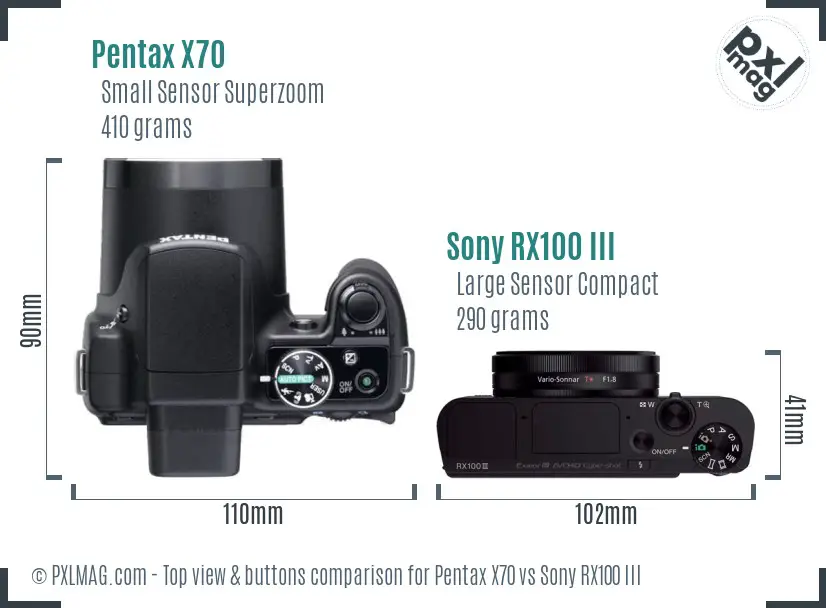 Pentax X70 vs Sony RX100 III top view buttons comparison