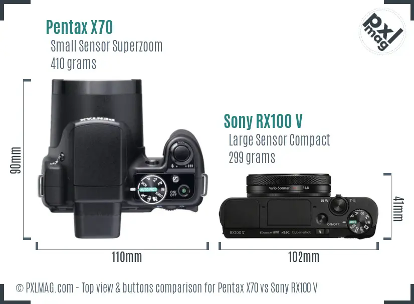 Pentax X70 vs Sony RX100 V top view buttons comparison