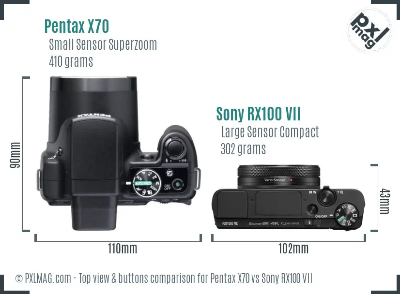 Pentax X70 vs Sony RX100 VII top view buttons comparison