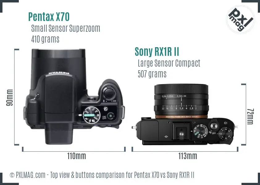 Pentax X70 vs Sony RX1R II top view buttons comparison