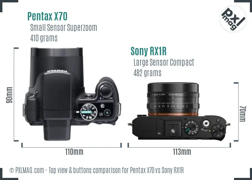Pentax X70 vs Sony RX1R top view buttons comparison