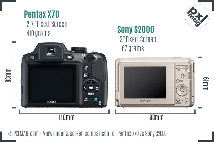 Pentax X70 vs Sony S2000 Screen and Viewfinder comparison