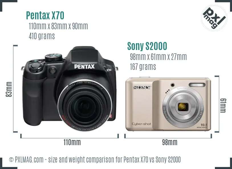 Pentax X70 vs Sony S2000 size comparison
