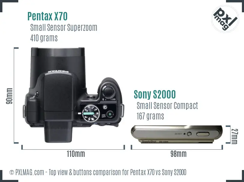 Pentax X70 vs Sony S2000 top view buttons comparison