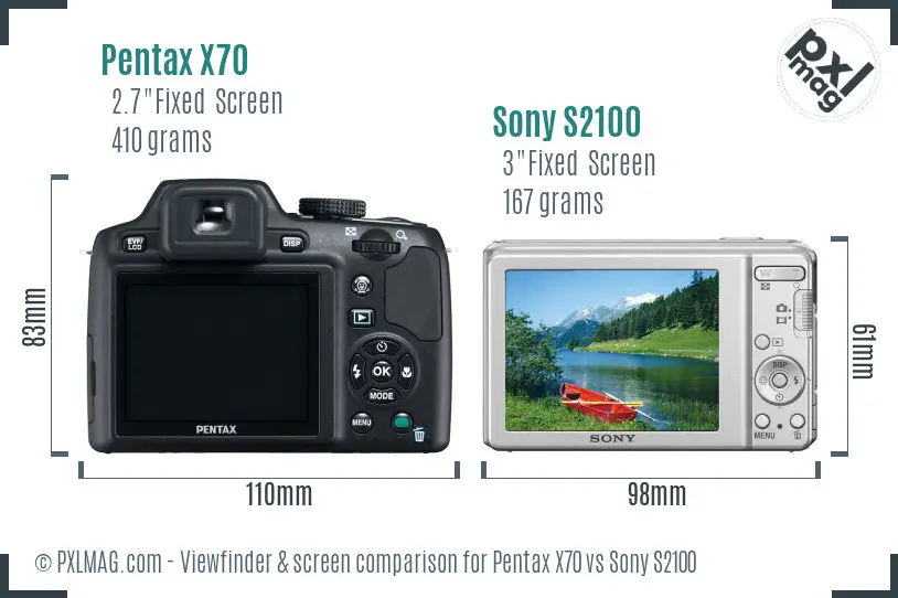 Pentax X70 vs Sony S2100 Screen and Viewfinder comparison