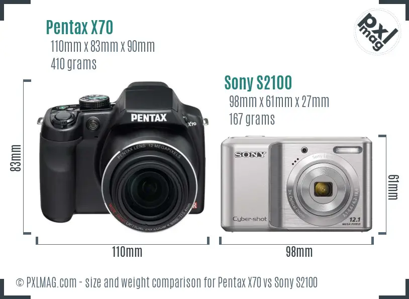 Pentax X70 vs Sony S2100 size comparison