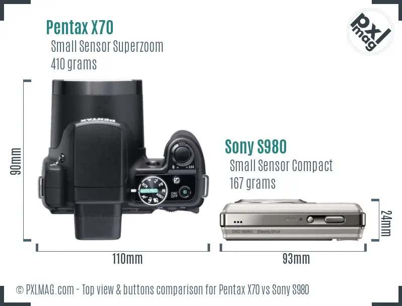 Pentax X70 vs Sony S980 top view buttons comparison