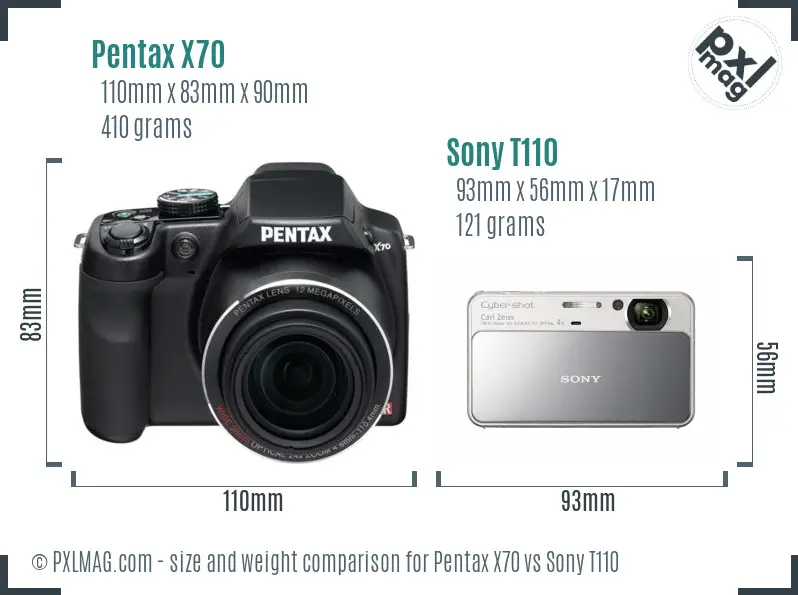 Pentax X70 vs Sony T110 size comparison