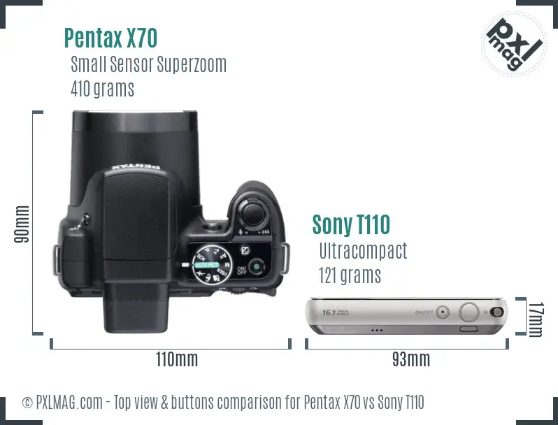 Pentax X70 vs Sony T110 top view buttons comparison