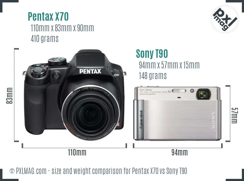 Pentax X70 vs Sony T90 size comparison