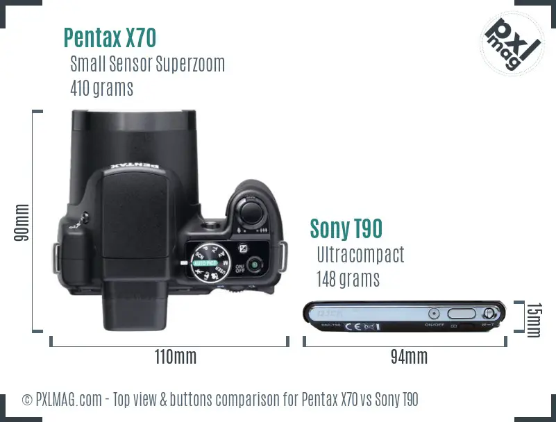 Pentax X70 vs Sony T90 top view buttons comparison