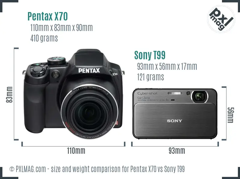 Pentax X70 vs Sony T99 size comparison
