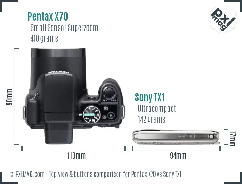Pentax X70 vs Sony TX1 top view buttons comparison