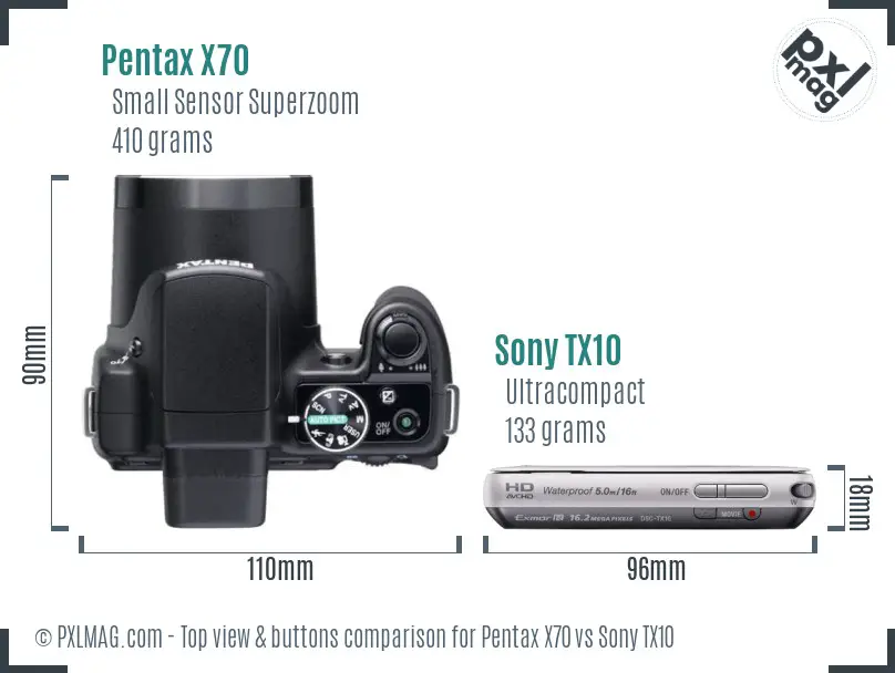 Pentax X70 vs Sony TX10 top view buttons comparison