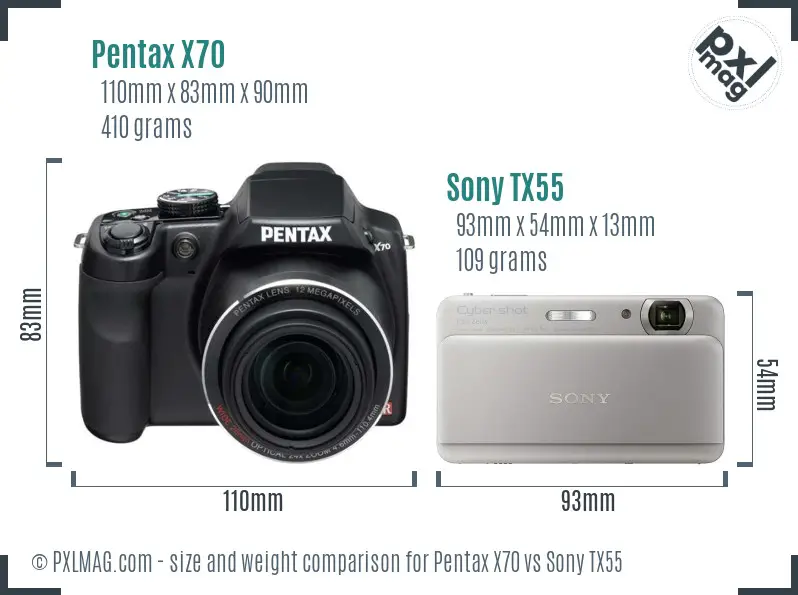Pentax X70 vs Sony TX55 size comparison