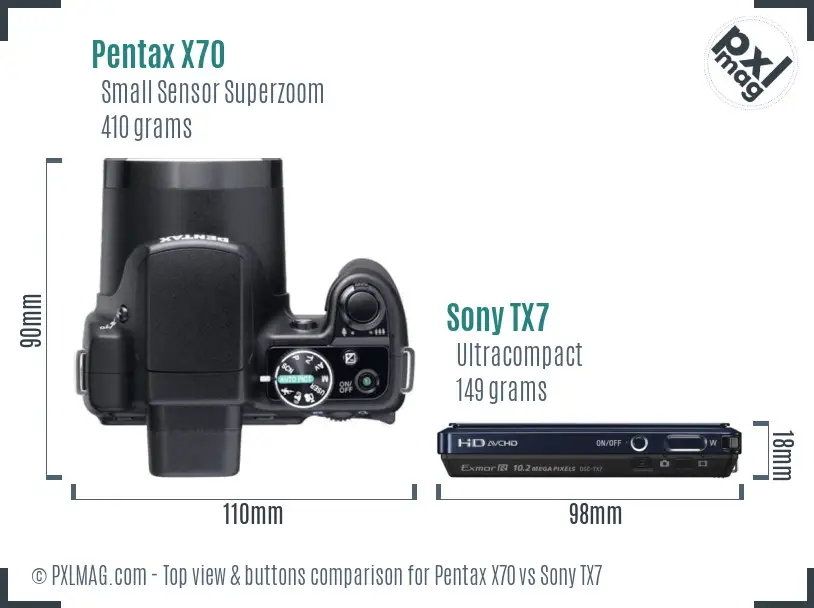 Pentax X70 vs Sony TX7 top view buttons comparison