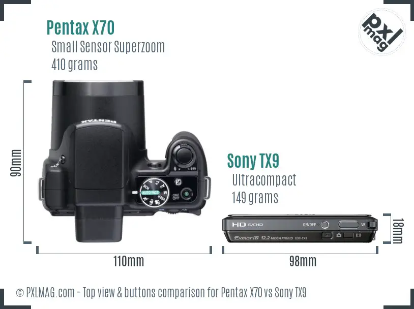 Pentax X70 vs Sony TX9 top view buttons comparison