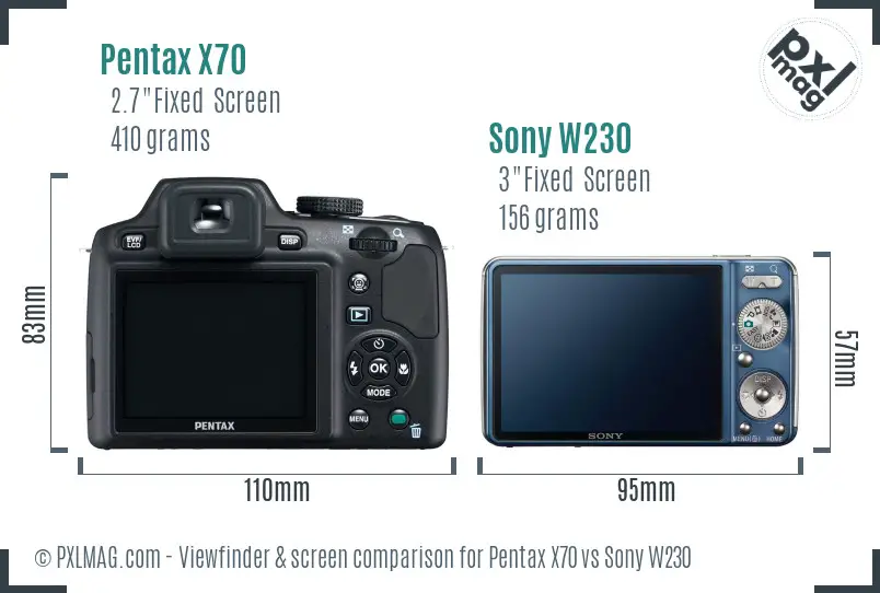Pentax X70 vs Sony W230 Screen and Viewfinder comparison
