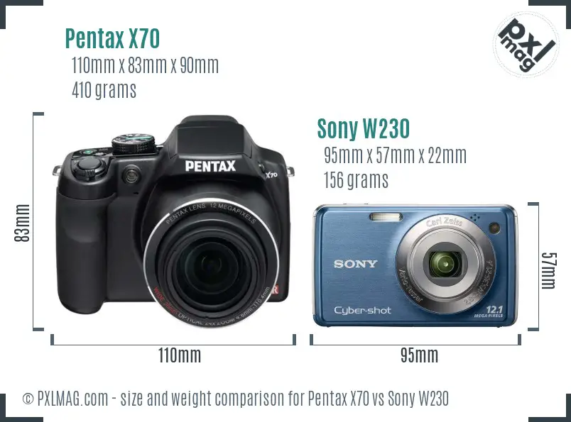 Pentax X70 vs Sony W230 size comparison