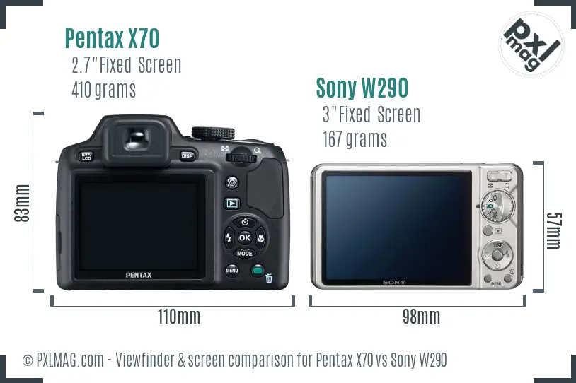 Pentax X70 vs Sony W290 Screen and Viewfinder comparison