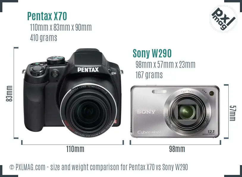 Pentax X70 vs Sony W290 size comparison