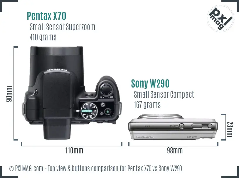 Pentax X70 vs Sony W290 top view buttons comparison