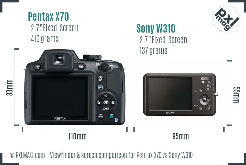 Pentax X70 vs Sony W310 Screen and Viewfinder comparison