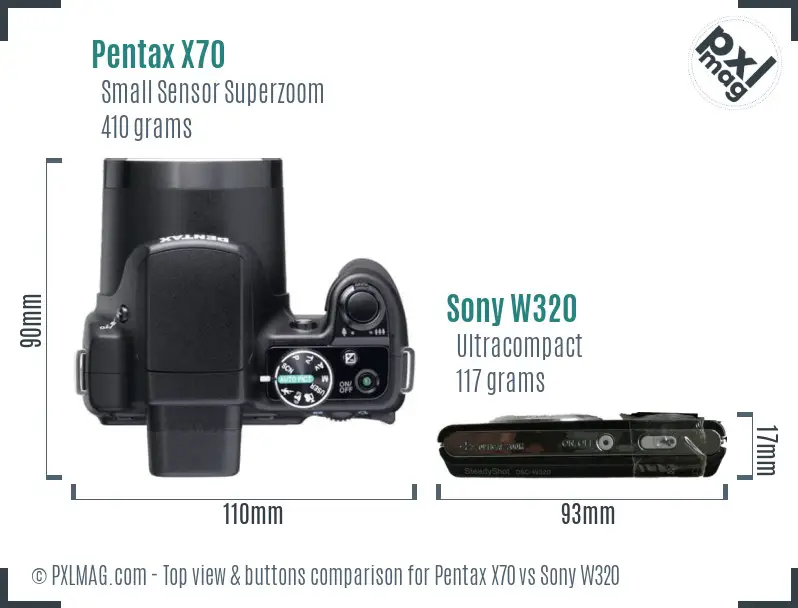 Pentax X70 vs Sony W320 top view buttons comparison