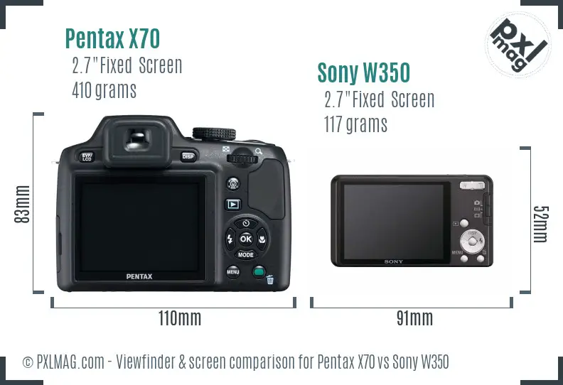 Pentax X70 vs Sony W350 Screen and Viewfinder comparison