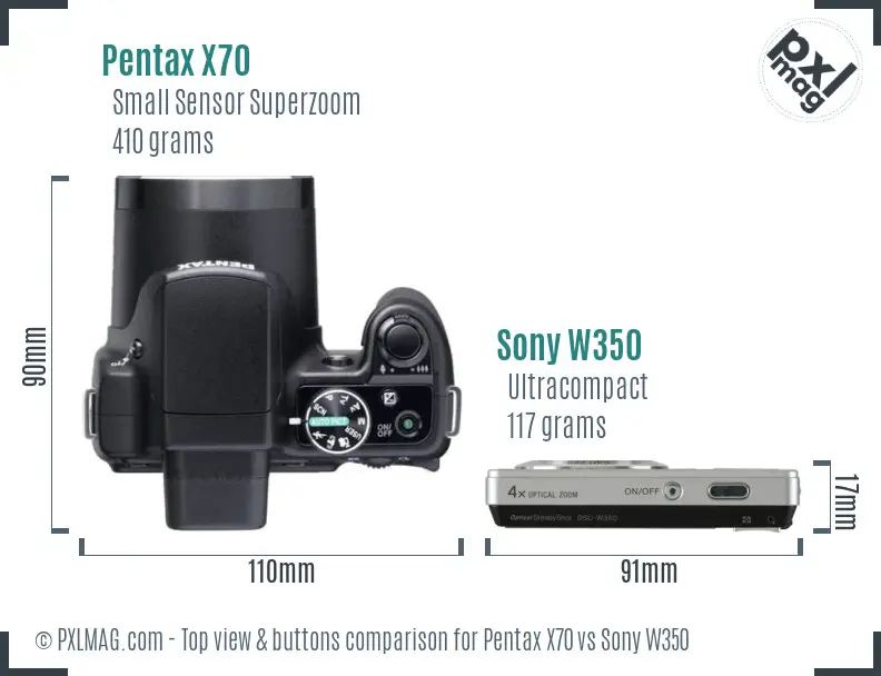 Pentax X70 vs Sony W350 top view buttons comparison