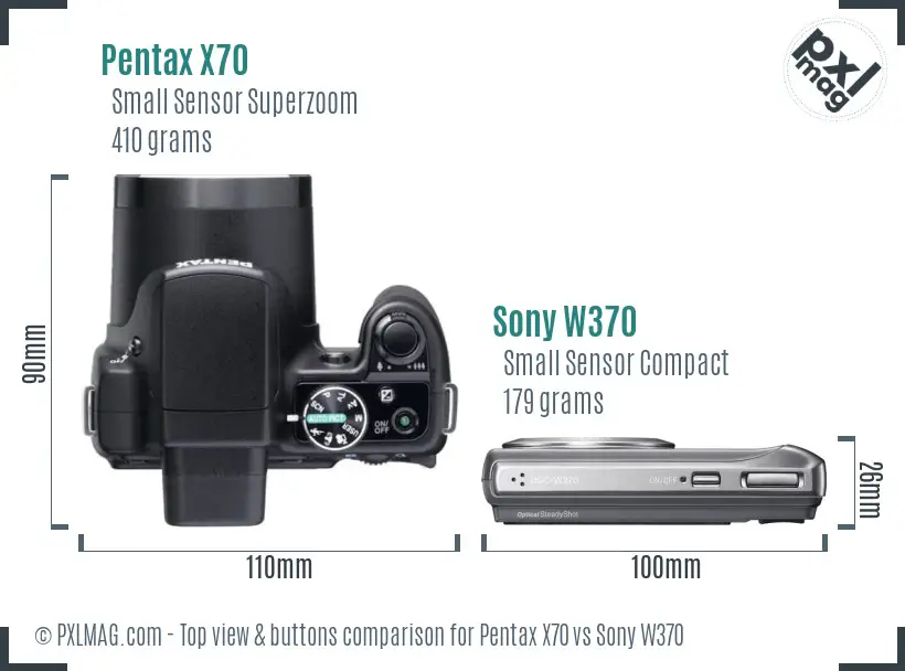 Pentax X70 vs Sony W370 top view buttons comparison