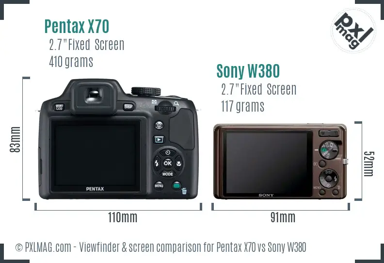 Pentax X70 vs Sony W380 Screen and Viewfinder comparison