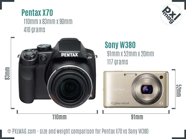 Pentax X70 vs Sony W380 size comparison