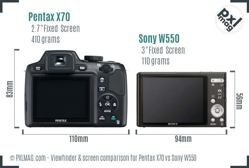 Pentax X70 vs Sony W550 Screen and Viewfinder comparison