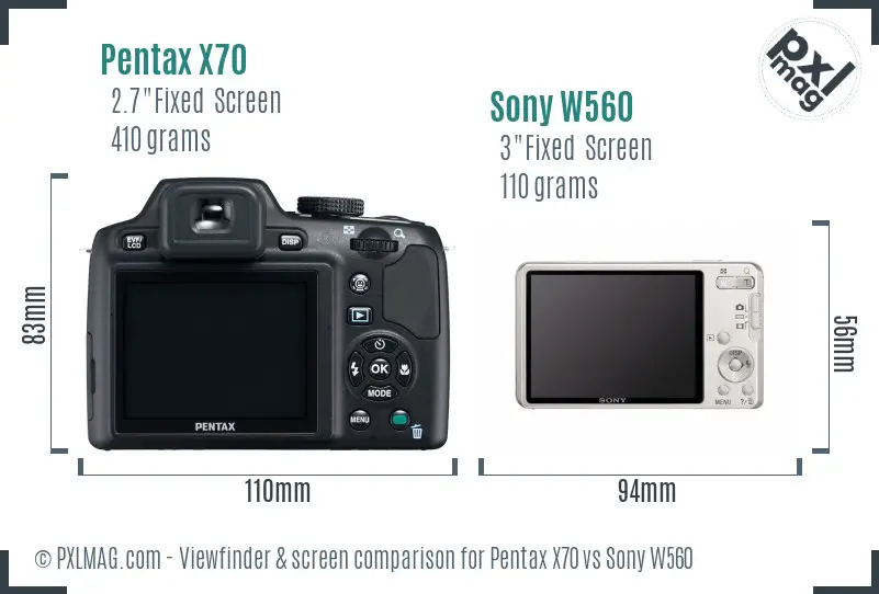 Pentax X70 vs Sony W560 Screen and Viewfinder comparison