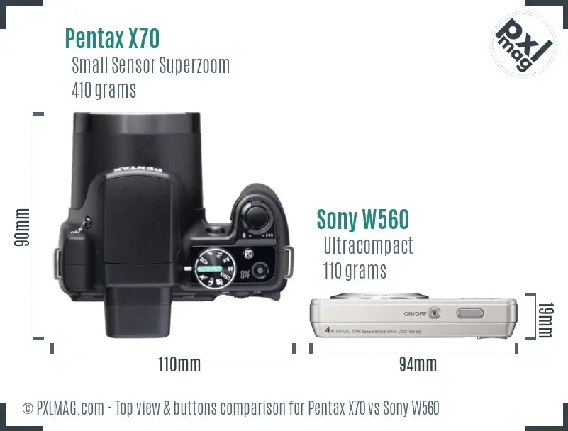 Pentax X70 vs Sony W560 top view buttons comparison
