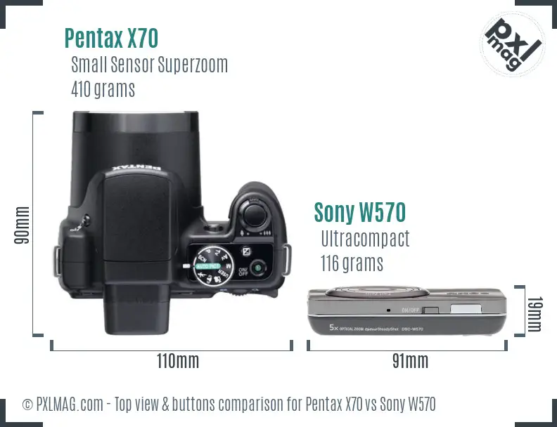 Pentax X70 vs Sony W570 top view buttons comparison