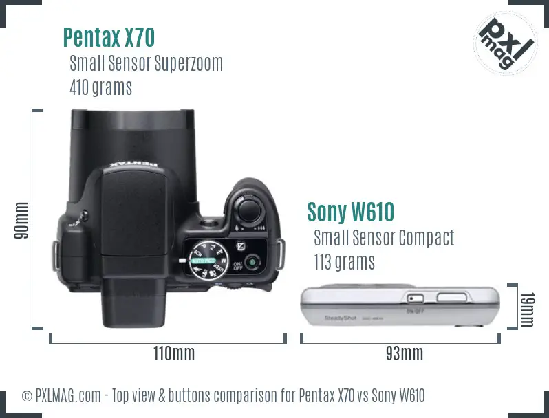 Pentax X70 vs Sony W610 top view buttons comparison