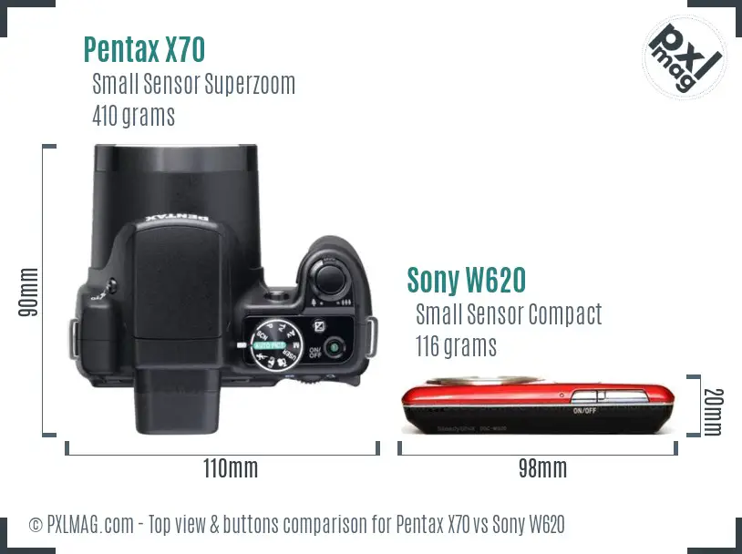 Pentax X70 vs Sony W620 top view buttons comparison