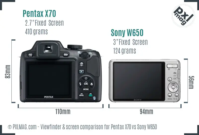 Pentax X70 vs Sony W650 Screen and Viewfinder comparison