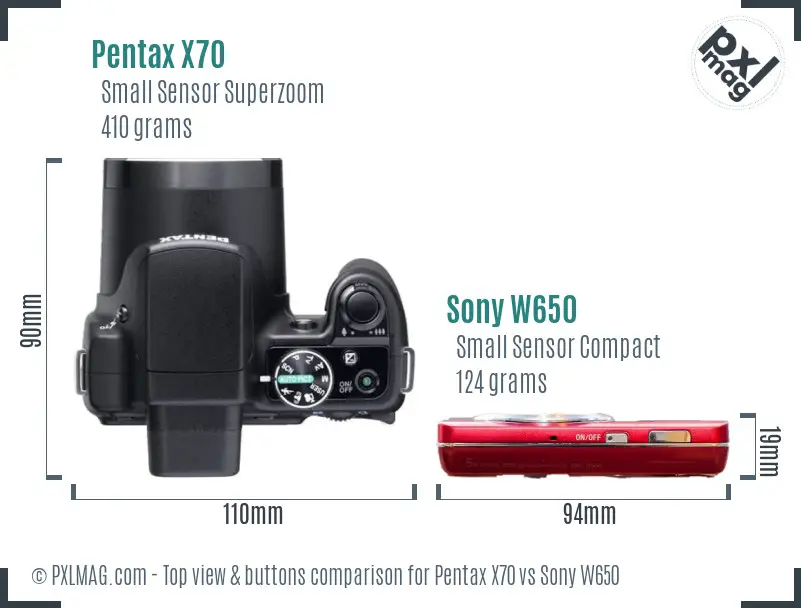 Pentax X70 vs Sony W650 top view buttons comparison
