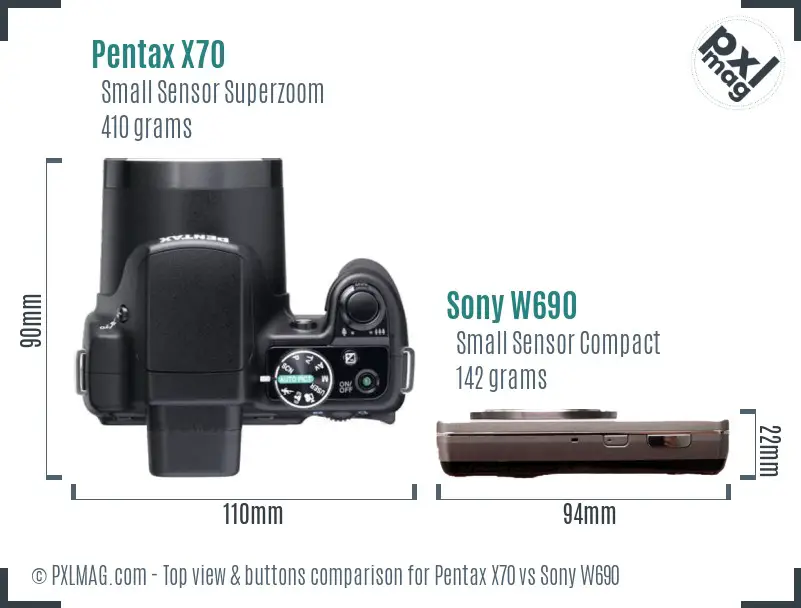 Pentax X70 vs Sony W690 top view buttons comparison