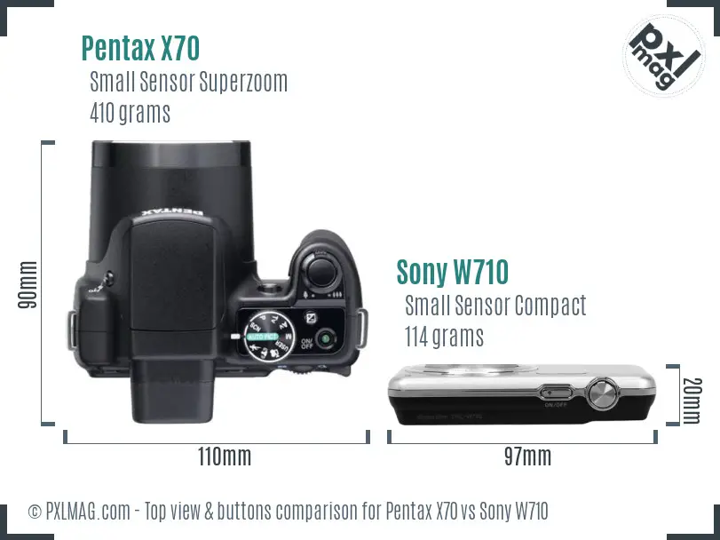 Pentax X70 vs Sony W710 top view buttons comparison